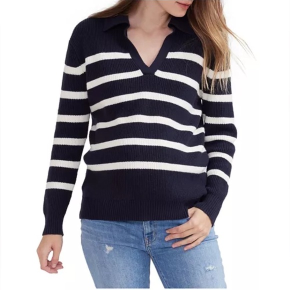Hatch The Hannah Sweater Navy and White Striped V-Neck Sweater XS - Picture 1 of 9